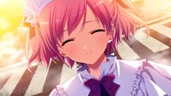 1girl black_ribbon bow bowtie closed_eyes closed_mouth crosswalk facing_viewer frilled_ribbon frills fumio_(ura_fmo) game_cg grisaia_(series) grisaia_no_rakuen hair_ribbon komine_sachi maid_headdress non-web_source official_art outdoors pink_hair portrait red_bow red_bowtie ribbon short_hair smile solo swept_bangs two_side_up variant_set