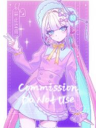 Rule 34 | 1girl, aegyo sal, blonde hair, blue eyes, blue hair, blunt bangs, bonnet, bow, chouzetsusaikawa tenshi-chan, colored tips, commission, dress, finger gun, hair bow, hair ribbon, hand up, head tilt, highres, koharustuki, looking at viewer, multicolored hair, multiple hair bows, neck ribbon, needy girl overdose, pastel colors, pillarboxed, pink dress, pink hair, quad tails, ribbon, solo, sparkle, stopwatch, tassel, twisted torso, watch, watermark