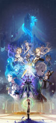 3boys 4girls absurdres aether_(genshin_impact) ann_(genshin_impact) blonde_hair blue_eyes blue_hair caterpillar_(genshin_impact) chair commentary empty_eyes english_commentary flower genshin_impact glowing glowing_eyes grey_eyes hair_ornament hat highres house jakob_ingold long_hair lumine_(genshin_impact) mamere_(genshin_impact) mary-ann_(genshin_impact) melusine_(genshin_impact) multiple_boys multiple_girls non-humanoid_robot oceanid_(genshin_impact) orange_eyes paimon_(genshin_impact) photo_(object) purple_eyes rattail rene_de_petrichor robot robot_animal robot_dog sakon04 seymour_(genshin_impact) short_hair spoilers sunflower sword tower weapon white_hair yellow_eyes