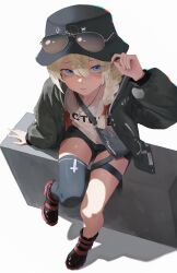 1girl absurdres asymmetrical_legwear aviator_sunglasses black_boots black_coat black_hat black_shorts blonde_hair boots braid bucket_hat chromatic_aberration coat commission commissioner_upload cross cross_necklace earrings eyewear_on_head fanny_pack hair_between_eyes hand_on_headwear hat heron_preston highres inverted_cross izei1337 jewelry long_hair looking_at_viewer looking_up multiple_earrings necklace non-web_source original shirt shorts side_braid simple_background single_thighhigh sitting solo sunglasses thigh_strap thighhighs white_background white_shirt yume_(shuii)