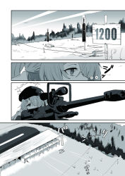 1girl 6+others absurdres anti-materiel_rifle blue_archive comiket_106 commentary_request greyscale gun hair_over_one_eye halo hat highres hiyori_(blue_archive) holding holding_gun holding_weapon j._(anonymousarts) long_hair lying monochrome multiple_others on_stomach rifle shooting_range sniper_rifle translation_request weapon
