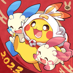 2023 brown_eyes chinese_zodiac closed_eyes cosplay full_body gen_1_pokemon gen_3_pokemon gen_8_pokemon minun nintendo no_humans open_mouth pikachu plusle pokemon pokemon_(creature) red_background running scorbunny scorbunny_(cosplay) tomato_mameta year_of_the_rabbit