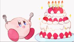 :q animated animated_gif blue_eyes blush_stickers cake candle closed_eyes eating food fork fruit full_body heart holding holding_fork holding_spoon inhaling kirby kirby_(series) looping_animation nintendo open_mouth plate simple_background sitting smile soresaki sparkle spoon strawberry sweat tongue tongue_out waddle_dee