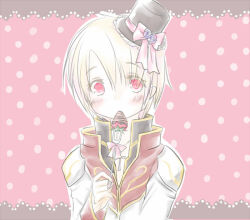 1boy black_coat black_hat blonde_hair blush bow chocolate-covered_food chocolate_strawberry coat commentary_request fork gold_trim hair_between_eyes hat hat_bow heart high_priest_(ragnarok_online) holding holding_fork long_sleeves looking_at_viewer male_focus mini_hat mini_top_hat multicolored_coat pink_background pink_bow ragnarok_online red_coat red_eyes short_hair solo top_hat two-tone_coat upper_body white_coat yoru_nagatsuki
