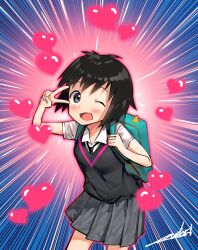Rule 34 | 1girl, :d, aqua bag, artist name, backpack, bag, black eyes, black hair, black necktie, black sweater vest, blue background, blush, breasts, commentary, cowboy shot, gradient background, grey skirt, heart, highres, holding strap, leaning forward, looking at viewer, marvel, necktie, notice lines, one eye closed, open mouth, overlord (overlord80000), peni parker, pink background, pleated skirt, raised eyebrows, school uniform, shirt, short hair, short sleeves, signature, skirt, small breasts, smile, solo, spider-man: into the spider-verse, spider-man (series), spider-verse, sweater vest, v, v over eye, very short hair, white shirt