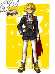 1girl alternate_costume ascot black_corset black_jacket black_shorts blonde_hair border brown_shoes character_name collared_shirt corset don_quixote_(project_moon) highres jacket limbus_company long_sleeves looking_at_viewer nra_3614 project_moon red_brooch shirt shoes short_hair shorts simple_background smile solo thighhighs white_ascot white_border white_shirt white_thighhighs yellow_background yellow_eyes