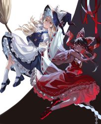 2girls absurdres apron arm_up ascot back_bow bare_shoulders black_background black_footwear black_hair black_headwear black_skirt black_vest blonde_hair bow braid broom broom_riding brown_footwear buttons closed_mouth collared_shirt commentary_request crossed_bangs detached_sleeves flying frills gohei gradient_background grey_apron grey_background grey_bow grey_legwear grey_shirt hair_between_eyes hair_bow hair_ornament hair_tubes hakurei_reimu hand_on_headwear hand_up hat hat_bow highres kirisame_marisa long_hair long_sleeves looking_at_another looking_at_viewer maka_(maka04021) multiple_girls ofuda open_mouth orange_ascot ponytail puffy_short_sleeves puffy_sleeves red_bow red_eyes red_skirt red_vest shirt shoes short_hair short_sleeves single_braid sitting skirt smile socks tape teeth touhou vest white_background white_bow wide_sleeves witch_hat yellow_eyes