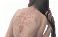 1girl akemi_homura back back_focus black_hair hand_in_own_hair highres long_hair mahou_shoujo_madoka_magica miaoyunyun mutilation scar scar_on_back simple_background white_background