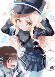2girls absurdres black_hat black_jacket black_skirt blue_archive blush cellphone cosplay demon_tail hands_up hat heart heart_in_eye highres hikari_(blue_archive) hikari_(blue_archive)_(cosplay) hozuki_momiji jacket long_hair looking_at_viewer multiple_girls onii-chan_wa_oshimai! open_mouth oyama_mahiro pantyhose phone pink_hair pleated_skirt simple_background skirt standing symbol_in_eye tail uracine_(zakozako1919) white_background