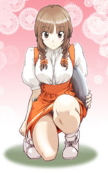 1girl :o anna_miller bow braid breasts brown_eyes brown_hair foreshortening hair_bow highres kimi_kiss large_breasts mdc_honpo mizusawa_mao on_one_knee orange_skirt panties pantyshot skirt squatting striped_clothes striped_panties twin_braids underwear upskirt waitress