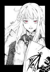 1girl armor artist_name belt chainmail fangs highres long_hair looking_at_viewer original pirata_(gailtonatiu) pointy_ears purple_eyes red_eyes shield sidelocks signature simple_background slit_pupils solo spot_color tabard white_background