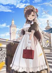 1girl animal apron bag bird blue_sky brown_dress brown_eyes brown_hair clock clock_tower cloud commentary_request day dress frilled_apron frills gloves highres holding holding_bag long_hair looking_at_viewer maid maid_apron original outdoors parted_lips petals puffy_short_sleeves puffy_sleeves shii_(kairi-t-k0317) short_sleeves sky solo stairs suitcase tower very_long_hair white_apron white_gloves