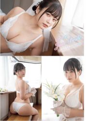 1girl black_hair bra breasts bride cleavage collarbone flower hair_ornament highres indoors japanese_(nationality) large_breasts looking_at_viewer multiple_views photo_(medium) real_life shinonome_umi short_hair underwear