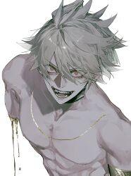 1boy abs absurdres armlet black_choker blonde_hair choker commentary crazy_eyes crazy_smile hair_between_eyes highres honkai:_star_rail honkai_(series) jewelry looking_at_viewer male_focus missing_limb phainon_(honkai:_star_rail) short_hair simple_background smile solo spiked_hair sunset_1830 symbol-only_commentary toned toned_male upper_body v-shaped_eyebrows white_background yellow_eyes