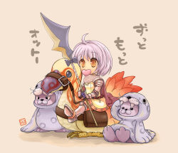 1girl ahoge armor armored_boots armored_dress bird boots brown_cape brown_eyes cape chainmail commentary_request dress full_body gauntlets gloves grey_hair heart holding holding_polearm holding_reins holding_weapon knight_(ragnarok_online) looking_at_viewer pauldrons peco_peco polearm purple_gloves ragnarok_online reins riding riding_bird seal_(animal) seal_(ragnarok_online) shinonome_moegi short_hair shoulder_armor solo spear translation_request weapon