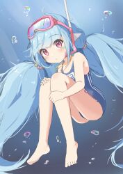 Rule 34 | 1girl, absurdres, air bubble, bare arms, bare legs, bare shoulders, barefoot, beads, big hair, blue hair, blue one-piece swimsuit, bubble, closed mouth, competition swimsuit, diving mask, eyewear on head, facial mark, full body, goggles, guardian tales, hair beads, hair ornament, hand on own knee, hand on own leg, highres, knees to chest, knees together feet apart, knees up, leg tattoo, light blush, little android aa72, long hair, looking at viewer, low twintails, naturegreen tea, one-piece swimsuit, red eyes, snorkel, solo, swimsuit, tattoo, toes, twintails, underwater, very long hair, water