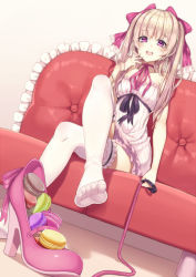 1girl :d asisuki blonde_hair bow breasts commentary_request couch crossed_legs dress feet female_focus femdom food hair_bow hair_ornament hand_on_own_face heart heart-shaped_pupils high_heels highres holding holding_leash indoors leash leg_up long_hair looking_at_viewer macaron mary_janes neck_ribbon open_mouth original pink_shoes pov purple_eyes ribbon room round_teeth see-through_clothes see-through_legwear shoes sitting sleeveless sleeveless_dress small_breasts smile soles solo strapless strapless_dress symbol-shaped_pupils teeth thighhighs toes tube_dress unworn_shoes viewer_on_leash white_thighhighs