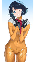 1girl ;) a1_(initial-g) black_hair blue_background blue_eyes bodysuit breasts double_v gradient_background gundam gundam_gquuuuuux highres long_sleeves looking_at_viewer make_heroine_ga_oo_sugiru! medium_breasts one_eye_closed orange_bodysuit parody shiiko_sugai smile solo v white_background