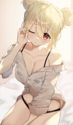 1girl absurdres black_bra black_panties blonde_hair bra breasts closed_mouth commentary_request double_bun hair_bun hand_up highres medium_breasts off_shoulder one_eye_closed original panties pinponpaaru red_eyes rubbing_eyes see-through_clothes see-through_shirt shirt sitting solo underwear white_shirt