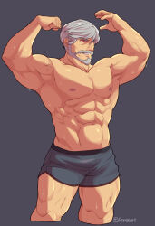 1boy abs anderson_(granblue_fantasy) anntee artist_name bara beard boxers commentary english_commentary facial_hair flexing granblue_fantasy grey_background grey_hair grey_male_underwear highres male_focus male_underwear muscular muscular_male mustache navel nipples pectorals red_eyes smile sweat topless_male underwear