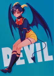 1boy absurdres belt between_legs black_shoes black_socks blue_hair blue_shirt bow bowtie closed_mouth collar collared_shirt commentary_request crossed_legs demon demon_boy demon_horns demon_tail demon_wings earrings english_text frilled_collar frills full_body gradient_background hair_between_eyes hand_between_legs highres horns invisible_chair jewelry juliet_sleeves long_sleeves looking_at_viewer male_focus moxamog original own_hands_together pointy_ears puffy_sleeves red_belt red_bow red_bowtie red_eyes shirt shoes short_hair shorts sitting slit_pupils socks solo tail thigh_strap wings yellow_shorts