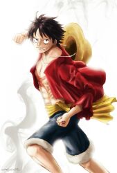 1boy abs black_shirt blue_shorts clenched_hands clenched_teeth commentary cowboy_shot male_focus monkey_d._luffy one_piece oregano551 red_shirt sash scar scar_on_chest scar_on_face shirt short_hair shorts solo teeth twitter_username yellow_sash