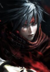 1boy black_background black_hair bruise bruise_on_face cape cloak closed_mouth final_fantasy final_fantasy_vii gauntlets hair_between_eyes headband highres injury lips long_hair male_focus red_cape red_cloak red_eyes red_headband single_gauntlet solo spiked_hair upper_body vincent_valentine weweired9