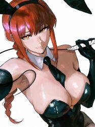 1girl animal_ears bion_(insomn_bion) black_leotard braid braided_ponytail breasts chainsaw_man elbow_gloves fake_animal_ears fake_bunny_ears female_focus gloves highres large_breasts leotard looking_at_viewer makima_(chainsaw_man) necktie playboy_bunny red_hair simple_background strapless strapless_leotard whip white_background yellow_eyes