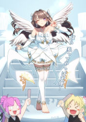 0_0 3girls ;) anyoji_hime bare_shoulders barefoot blonde_hair blue_hair bow breasts brown_hair closed_mouth collarbone commentary_request criss-cross_halter crossed_legs detached_leggings detached_sleeves dress dress_bow ether_aria_(love_live!) flower fujishima_megumi glowstick hair_flower hair_ornament halter_dress halterneck highres holding holding_glowstick juliet_sleeves large_breasts leggings link!_like!_love_live! long_sleeves looking_at_viewer love_live! mira-cra_park! multiple_girls multiple_wings official_alternate_costume one_eye_closed osawa_rurino penlight_(glowstick) pink_flower pink_hair puffy_sleeves purple_eyes short_dress signature sleeveless sleeveless_dress smile split_mouth thighhighs toes v virtual_youtuber watson_cross white_dress white_leggings white_wings wings yamauchi_(conan-comy) yappa_tenshi! zettai_ryouiki