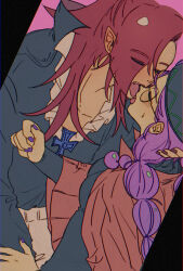 1boy 1girl alchemist_cookie black-framed_eyewear black_hat black_shirt blue_brooch blush braid breasts brother_and_sister brown_capelet brown_nails capelet collarbone commentary cookie_run cowboy_shot dutch_angle eyes_visible_through_hair face-to-face fang film_grain french_kiss frilled_shirt frills glasses hair_over_one_eye hand_on_another&#039;s_head hat hetero highres humanization incest kiss layered_sleeves long_hair long_sleeves nail_polish pants pink_background pointy_ears ponong profile purple_nails red_hair round_eyewear shirt siblings simple_background small_breasts sweatdrop symbol-only_commentary teeth tongue tongue_out twin_braids upper_body upper_teeth_only vampire_cookie white_pants wide_sleeves