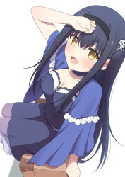 Rule 34 | 1girl, :d, arm at side, black dress, black hair, black hairband, blue capelet, blush, bone hair ornament, breasts, brown bag, capelet, cleavage, commentary request, dress, eyelashes, eyes visible through hair, foreshortening, frilled capelet, frills, from above, full body, hair between eyes, hair ornament, hairband, hand up, happy, highres, kushima kamome, large breasts, long dress, long hair, looking at viewer, on suitcase, open mouth, revision, rolling suitcase, shading eyes, sidelocks, simple background, sitting, skull and crossbones, skull hair ornament, smile, solo, straight hair, suitcase, summer pockets, surisuririsu, very long hair, white background, yellow eyes