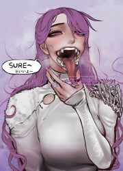 1girl armor ayaki_blade bifurcated_jaw blush breasts clothes_writing commentary english_commentary english_text fingernails grin hand_focus highres large_breasts long_hair long_sleeves long_tongue looking_at_viewer mismatched_eyebrows mixed-language_commentary mixed-language_text monster_girl nail_polish open_mouth original pauldrons purple_eyes purple_hair purple_nails sharp_teeth shoulder_armor single_pauldron sleeves_past_wrists smile solo speech_bubble sweater teeth tongue turtleneck turtleneck_sweater upper_teeth_only white_sweater