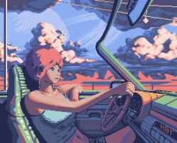 1girl animated animated_gif artist_name breasts cloud day dice driving hby_stuff looking_at_viewer midriff mirror navel outdoors pixel_art planet power_lines short_hair shorts small_breasts solo steering_wheel wind windshield