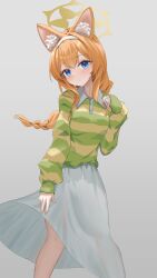 Rule 34 | 1girl, absurdres, alternate costume, animal ear fluff, animal ears, arm at side, blue archive, blue eyes, blush, braid, braided ponytail, cat ears, cat girl, closed mouth, collared shirt, commentary, eco mak1, eyelashes, feet out of frame, floating clothes, floating hair, green sweater, grey background, hair between eyes, hairband, halo, hand up, head tilt, highres, long hair, long skirt, looking at viewer, low ponytail, mari (blue archive), orange hair, ponytail, shirt, simple background, skirt, sleeves past wrists, solo, standing, striped clothes, striped sweater, sweater, white hairband, white shirt, yellow halo, yellow sweater