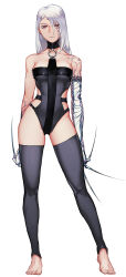 1girl absurdres black_leotard black_thighhighs body_markings breasts clothing_cutout collarbone full_body highres klinck_foster leotard long_claws long_hair looking_at_viewer o-ring original red_eyes side_cutout silver_skin simple_background solo standing thighhighs white_background white_hair