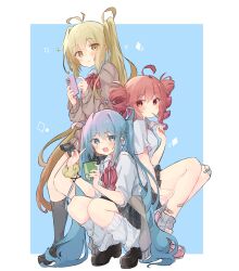 3girls :3 ahoge akita_neru antenna_hair aqua_eyes aqua_hair aqua_nails bandage_on_knee bike_shorts bike_shorts_under_skirt black_socks blonde_hair blue_background blush border borrowed_design bow brown_cardigan bubble_tea candy cardigan cardigan_around_waist cellphone clothes_around_waist collared_shirt commentary diagonal-striped_bow drill_hair ear_piercing fang flip_phone food full_body grey_socks gyaru hair_ornament hairclip hatsune_miku highres jewelry kasane_teto kneehighs kogal leg_warmers loafers lollipop long_hair looking_at_viewer loose_socks multiple_girls necktie nekonika_(e102k) open_mouth phone piercing red_eyes red_hair school_uniform scrunchie shirt shoes short_sleeves side_ponytail simple_background skirt sleeves_rolled_up sneakers socks squatting triple_baka_(vocaloid) triple_ryuunen twin_drills twintails utau v very_long_hair vocaloid white_border white_leg_warmers white_socks wrist_scrunchie yellow_eyes yellow_scrunchie