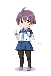 1girl aged_down black_pantyhose black_shirt blue_neckerchief blue_sailor_collar blue_skirt brown_eyes cosplay dated full_body gloves grey_hair kantai_collection masara_(chuujou) neckerchief one-hour_drawing_challenge pantyhose pleated_skirt sado_(kancolle) sado_(kancolle)_(cosplay) sailor_collar sailor_shirt sakawa_(kancolle) shirt short_hair simple_background skirt sleeveless sleeveless_shirt smile solo twitter_username undershirt white_background white_gloves