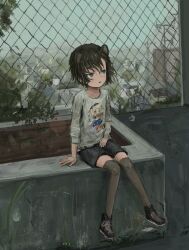 1girl absurdres animal_ears black_hair black_shorts black_thighhighs blue_eyes chain-link_fence fence highres katamimi123 original outdoors shorts sitting solo thighhighs