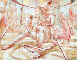 2girls animal_ears bad_id breasts cat_ears denchou furry furry_female hair_ornament hairclip highres legs_up looking_at_viewer lying multiple_girls muted_color nipples nude on_stomach original sitting small_breasts tail