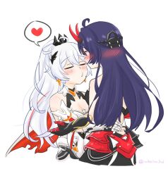 Rule 34 | blush, hair ornament, heart, honkai (series), horns, imminent kiss, kiana kaslana, kiana kaslana (herrscher of flamescion), long hair, purple hair, raiden mei, raiden mei (herrscher of thunder), simple background, wheloo3rd, white background, white hair, yuri