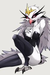 1girl beak bird_girl black_leotard black_thighhighs breasts cleavage colored_sclera feathered_wings furry furry_female helluva_boss large_breasts leotard looking_at_viewer owl_girl red_sclera roksodraws simple_background sitting solo stella_(helluva_boss) strapless strapless_leotard thighhighs tiara white_background white_wings wings