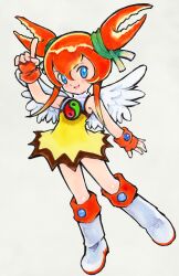 1girl absurdres akai_takami blue_eyes blush boots commentary_request crab dress feathered_wings fingerless_gloves flat_chest full_body gloves highres open_mouth orange_hair original smile solo white_wings wings