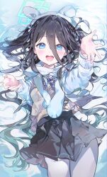 Rule 34 | 0202ase, 1girl, absurdres, alternate costume, animal ear hairband, animal ears, aris (blue archive), black hair, black skirt, blue archive, blue eyes, blue jacket, blue ribbon, blush, brown sweater, fake animal ears, hair between eyes, hairband, halo, highres, jacket, long hair, looking at viewer, open hands, open mouth, pantyhose, reaching, reaching towards viewer, ribbon, shirt, sidelocks, skirt, solo, sweater, white hairband, white pantyhose, white shirt