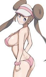 Rule 34 | 1girl, absurdres, ass, bikini, blue eyes, breasts, brown hair, closed mouth, dimples of venus, floating hair, from side, halterneck, highres, large breasts, long hair, looking at viewer, looking to the side, nintendo, no nose, pink bikini, pink scrunchie, pokemon, pokemon bw2, rosa (pokemon), scrunchie, sideboob, sidelocks, simple background, smile, solo, strap gap, string bikini, swimsuit, tsuneshima, very long hair, visor cap, white background, wrist scrunchie
