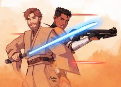 Rule 34 | 2boys, amikoroyai, armor, beard, black hair, blue lightsaber, brown hair, brown tunic, dark-skinned male, dark skin, day, energy sword, facial hair, gun, highres, holding, holding gun, holding sword, holding weapon, laser, lightsaber, may the 4th, multiple boys, obi-wan kenobi, outdoors, short hair, signature, star wars, sword, tunic, weapon