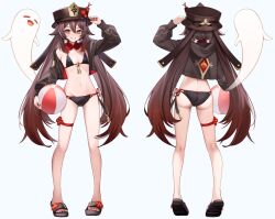 1girl :d =_= adapted_costume adjusting_clothes adjusting_headwear arm_up ass ball beachball bikini black_bikini black_nails boo_tao_(genshin_impact) brown_hair brown_jacket clenched_teeth commentary_request cropped_jacket flower flower-shaped_pupils from_behind full_body genshin_impact grin hat hat_flower hat_tassel highres holding holding_ball hood hooded_jacket hu_tao_(genshin_impact) jacket long_hair looking_at_viewer open_mouth plum_blossoms porkpie_hat red_eyes sandals side-tie_bikini_bottom simple_background smile soles swimsuit symbol-shaped_pupils tassel teeth thighs twintails white_background yutoriko_(candy0905)