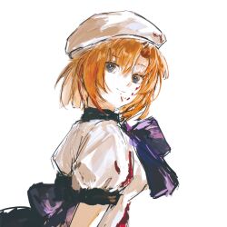1girl ashashio back_bow beret blood blood_on_clothes blood_on_face blue_eyes bow bowtie breasts dress hat highres higurashi_no_naku_koro_ni light_smile looking_at_viewer looking_back medium_breasts orange_hair parted_bangs puffy_short_sleeves puffy_sleeves purple_bow purple_bowtie ryuuguu_rena short_hair short_sleeves sidelocks white_dress white_hat