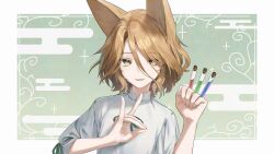 Rule 34 | 1girl, :3, animal ears, blonde hair, bow, bowtie, bright pupils, cloud print, cork, corked bottle, curly hair, double-parted bangs, fox ears, fox girl, fox shadow puppet, green background, green bow, green bowtie, highres, holding, holding test tube, kudamaki tsukasa, liquid, looking at viewer, medium hair, open mouth, red pupils, romper, short sleeves, smile, test tube, touhou, tube, two-tone background, wanko sora, white background, white romper, yellow eyes, yellow fur