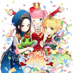 3girls 4girls :d ;d akane_garnet anniversary aqua_eyes arm_up artist_name banner bare_shoulders black_hair blonde_hair blue_dress blue_eyes blue_flower blunt_bangs blush bow braid breasts bun_cover cape chinese_clothes clarice_lapis closed_mouth confetti copyright_name cover cover_page crown detached_sleeves double_bun dress earrings egasumi elbow_gloves epaulettes fang flag floral_print flower frills gloves green_eyes hair_between_eyes hair_bun hair_flower hair_ornament hair_ribbon hand_up hat holding holding_hands jacket jewelry logo long_hair long_sleeves looking_at_viewer medium_breasts mini_crown multiple_girls one_eye_closed open_mouth parted_lips party_hat party_popper pennant pink_hair pink_ribbon pleated_skirt purple_eyes red_dress red_eyes red_flower ribbon rose salt_(salty) sapphire_emerald sash see-through_clothes short_hair sidelocks skirt sleeveless sleeves_past_wrists small_breasts smile standing star_(symbol) strapless string_of_flags striped_background stuffed_toy sunburst thighhighs triangle twintails two_side_up uchi_no_hime-sama_ga_ichiban_kawaii very_long_hair white_background white_flower white_gloves wide_sleeves wrist_cuffs yellow_flower