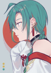 1other :o ahoge braid commentary_request crossed_bangs detached_sleeves ear_piercing earrings fuji_fujino green_hair grey_background hair_between_eyes hand_up highres jewelry long_hair long_sleeves looking_ahead nijisanji other_focus parted_bangs parted_lips piercing profile purple_eyes red_background ryuushen ryuushen_(3rd_costume) shaded_face single_braid sleeves_past_fingers sleeves_past_wrists solo tassel tassel_earrings upper_body virtual_youtuber white_sleeves